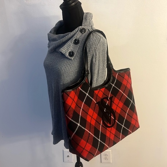 Victoria's Secret Plaid Flannel Red and Black Tote with Large Embroidered Logo - Picture 1 of 8